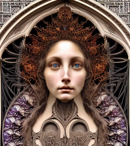 Prompt: hyperrealistic detailed face portrait of a beautiful young goddess morphing into a gothic cathedral, authentic ornamental architecture, intricate and highly detailed, awe inspiring art by ernst haeckel, h. r. giger, alphonso mucha, android jones, james jean, gothic, neo - gothic, heavily ornamental, nice deep colours,
