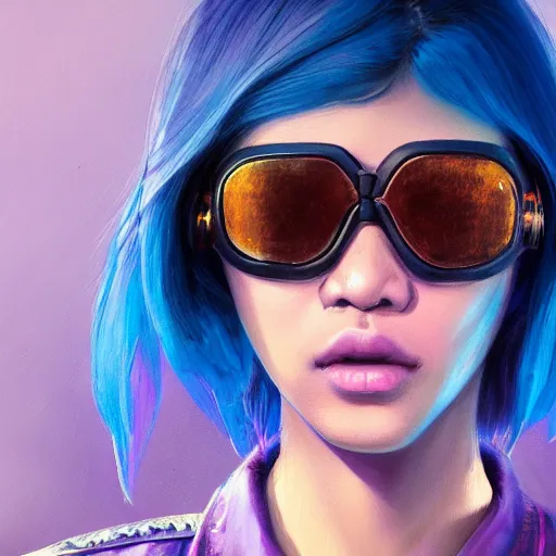 Image similar to very detailed masterpiece closeup painting of a very beautiful young indonesian cyberpunk woman with light blue shutter shades, one side haircut, brown hair with light blue ends, purple leather jacket, beauty mark on cheek, portrait, synthwave background, artstation, concept art by greg rutkowski