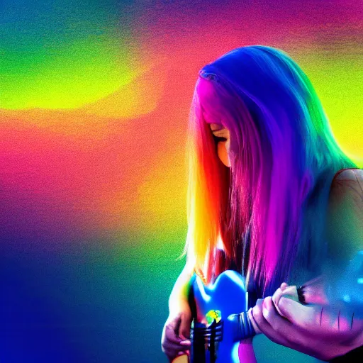 Image similar to woman with rainbow coloured hair playing guitar at the edge of reality, concept art, high quality, moody, colourful