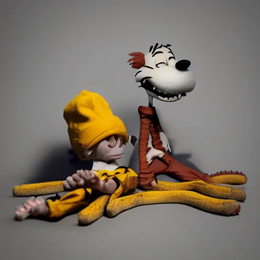 Image similar to calvin and hobbes as depressed and homeless adults on crack rock, octane render, scuplture, concept art