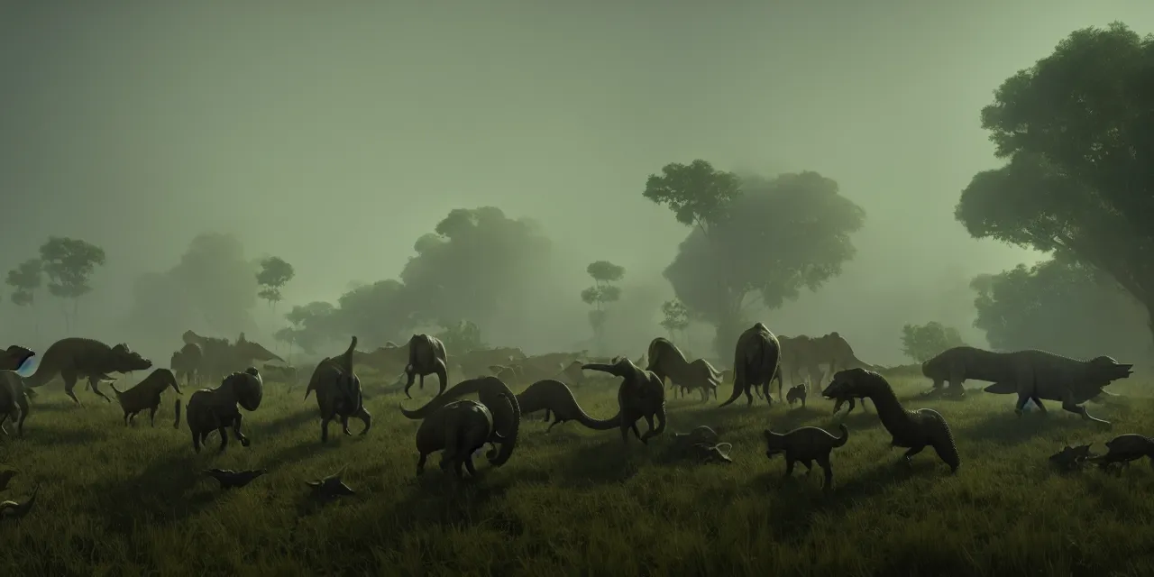 Prompt: old man herding a herd of small dinosaurs in an alternate prehistoric past, steam punk, very high details, volumetric fog, raytracing, back light, raymarching, by ilm, by digital domain, by weta digital