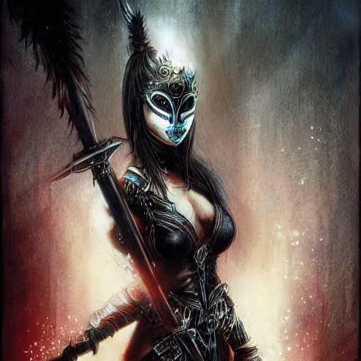 Image similar to female warrior with mask, black hair, glowing sword, cinematic, by luis royo