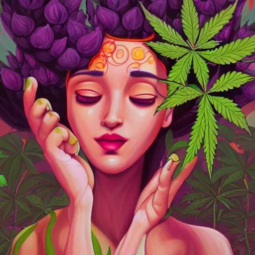 Prompt: goddess of plant medicine, and art by lois van baarle highly detailed painting trending on arstation vivid colors cannabis