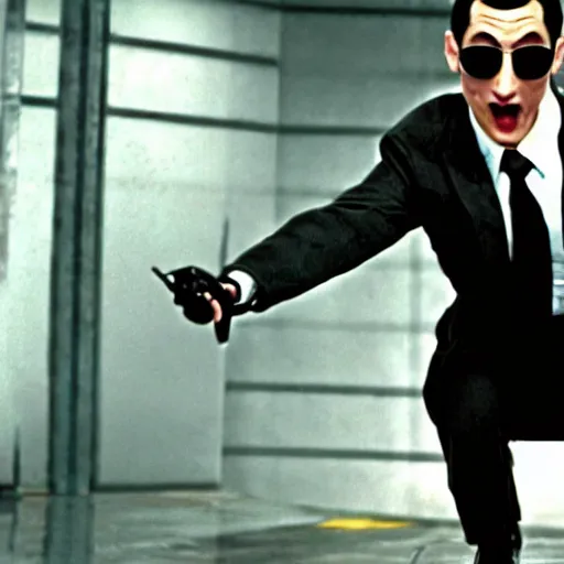 Image similar to pee wee herman as an agent from the matrix, movie still, action shot, 4 k, ultra realistic, highly detailed,
