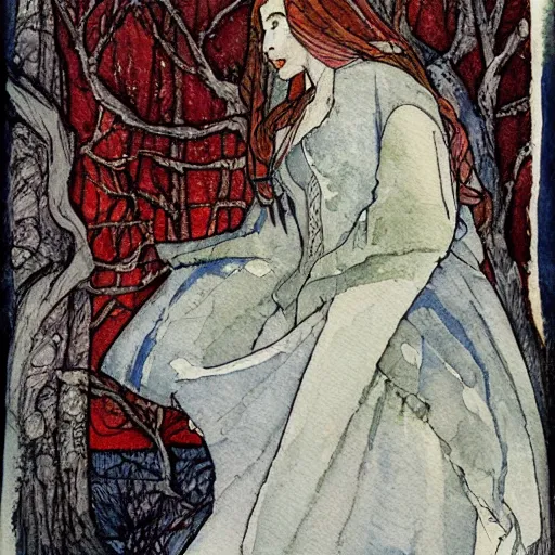 Prompt: winter girl watercolor by bilibin