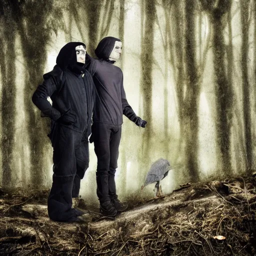 Image similar to !!! chimera consisting of male human and crow, photograph captured in a forest