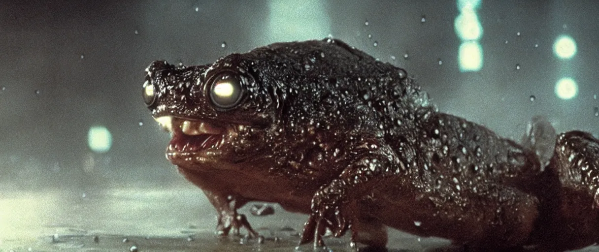 Image similar to Close up of a happy Lepidobatrachus laevis facing the camera in a still from the movie Blade Runner (1982), high quality, rain, rain drops, cold neon lighting, 4k, night, award winning photo, beautiful