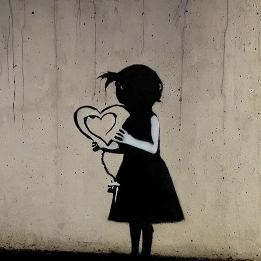 Image similar to exploding heart in several pieces, sadness, dark ambiance, by Banksy