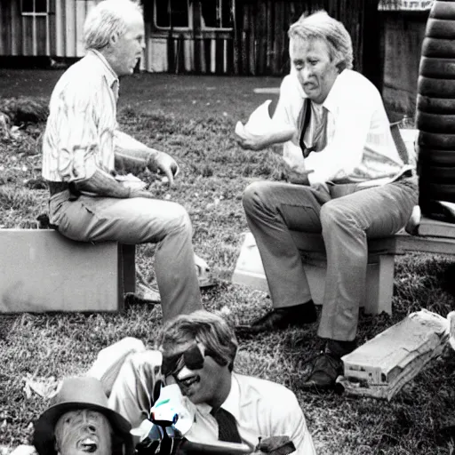 Image similar to kevin tighe and randy mantooth sitting by a dumpster, drinking from beer bottles, there are empty bottles scattered on the ground