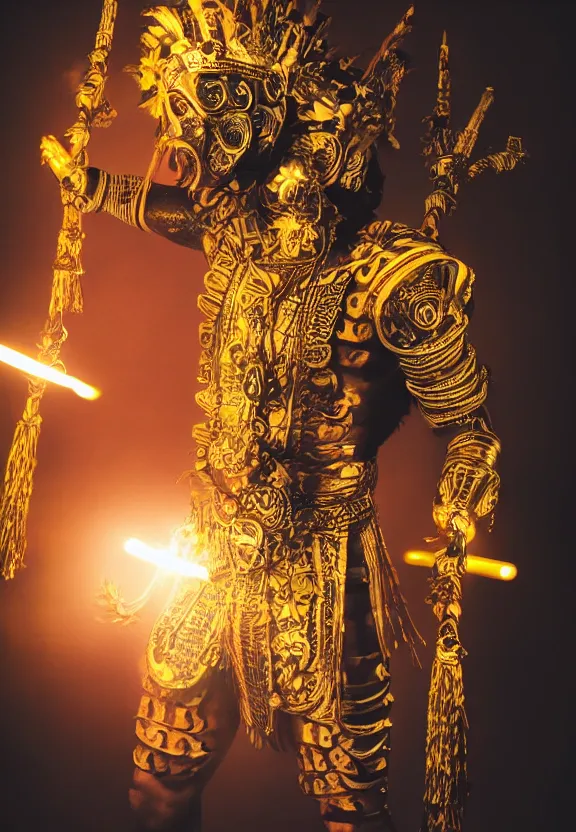 Prompt: Studio Photo of a Golden Aztec Warrior, Tribal Magic, Glowing Neon