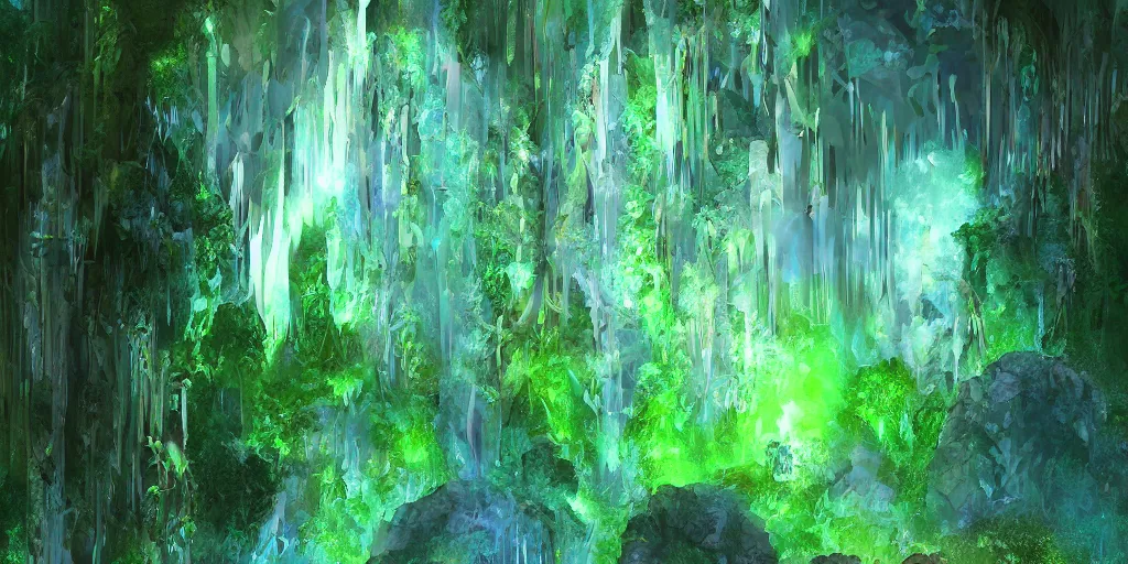 Prompt: stalactite cave with lush vegetation, shiny bioluminescent emeralds and light shining through, digital painting, highly detailed