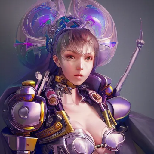 Image similar to studio portrait of lawful good colorful female holy mecha paladin absurdly beautiful, elegant, young sensual graceful woman, ultrafine hyperrealistic detailed face illustration by kim jung gi, irakli nadar, intricate linework, sharp focus, bright colors, matte, octopath traveler, final fantasy, unreal engine highly rendered, global illumination, radiant light, intricate environment