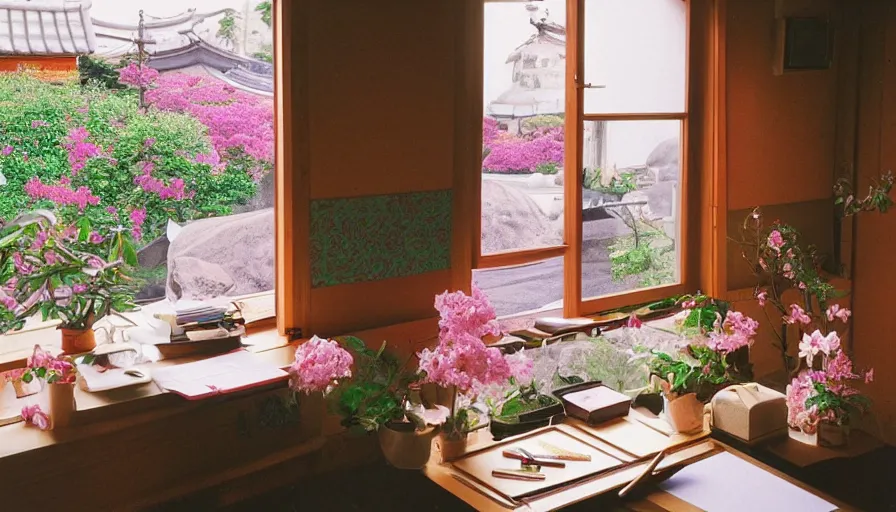 Image similar to 1 9 9 0 s candid 3 5 mm photo of a beautiful day in the a dreamy japanese flowery cottage designed by gucci, cinematic lighting, cinematic look, golden hour, a desk for flower arrangements and journaling has sun shinning on it through a window, temple in the distance, photographed by petra collins, uhd