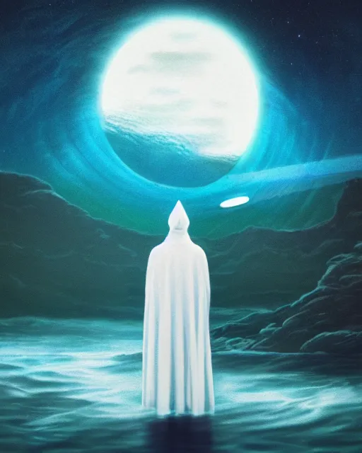 Image similar to a person wearing a white cloak standing in the water. a large planet is overhead. an album cover by stanley twardowicz, trending on cg society, retrofuturism, retrowave, chillwave, synthwave