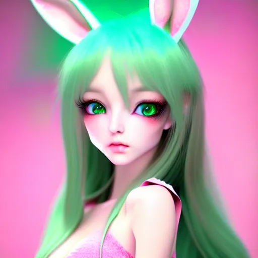 Image similar to ultrarealistic sweet bunny girl, intricate details, green eyes, 8K, long hair, fluffy, pink