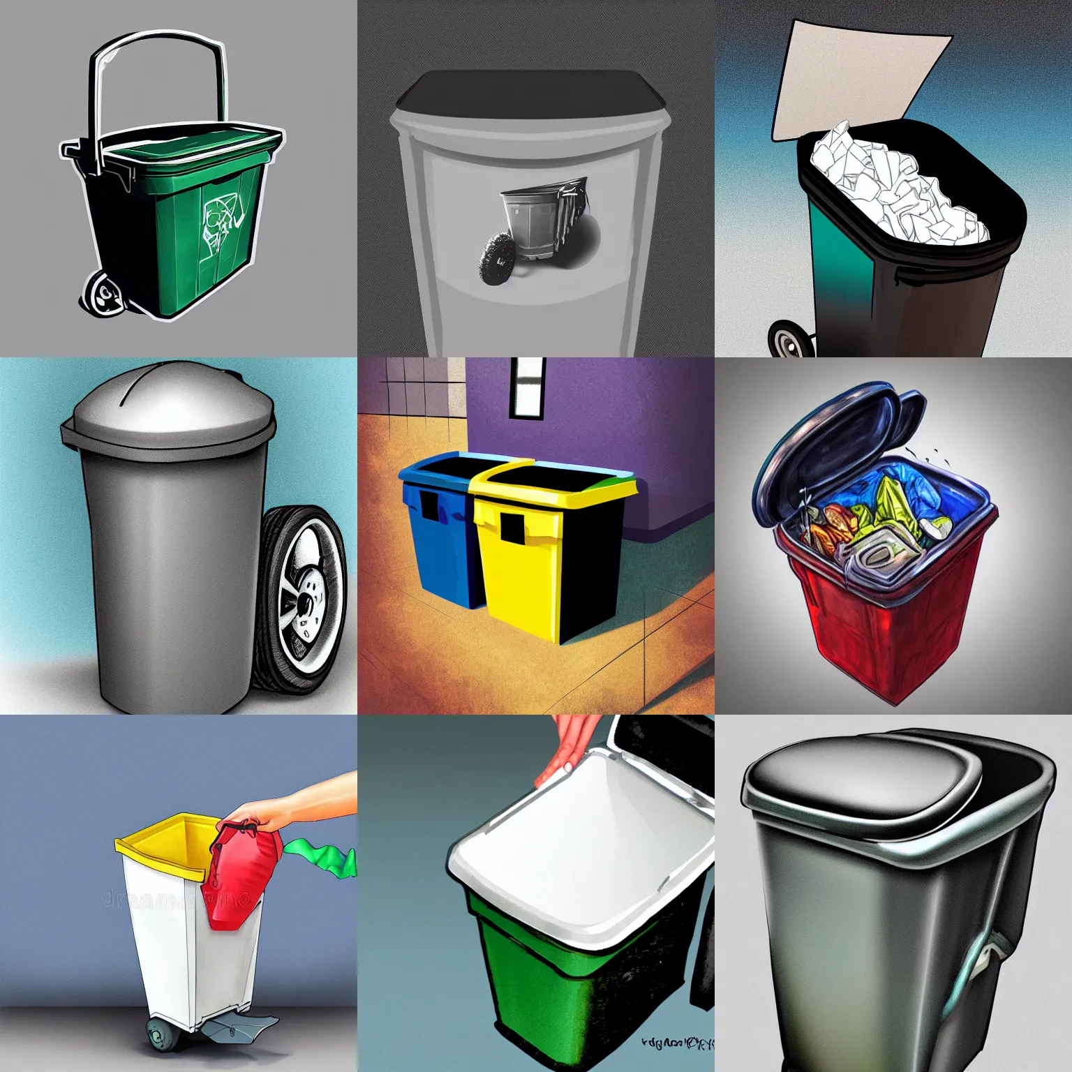 Prompt: garbage wheel bin, hand! throwing bag into (bin), airbrush, digital Illustration