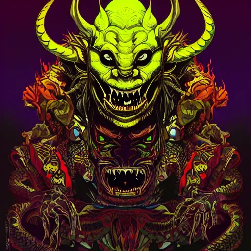 Image similar to barong family member, wiwek, mara demon, one single tribe member, jungle, one single mask, dark, ancient warrior, snake, lizard, alien, predator, dragon, devil, satan, diablo, tribal, exorcist, priest, angel, god, inner glow, art by dan mumford and justin gerard