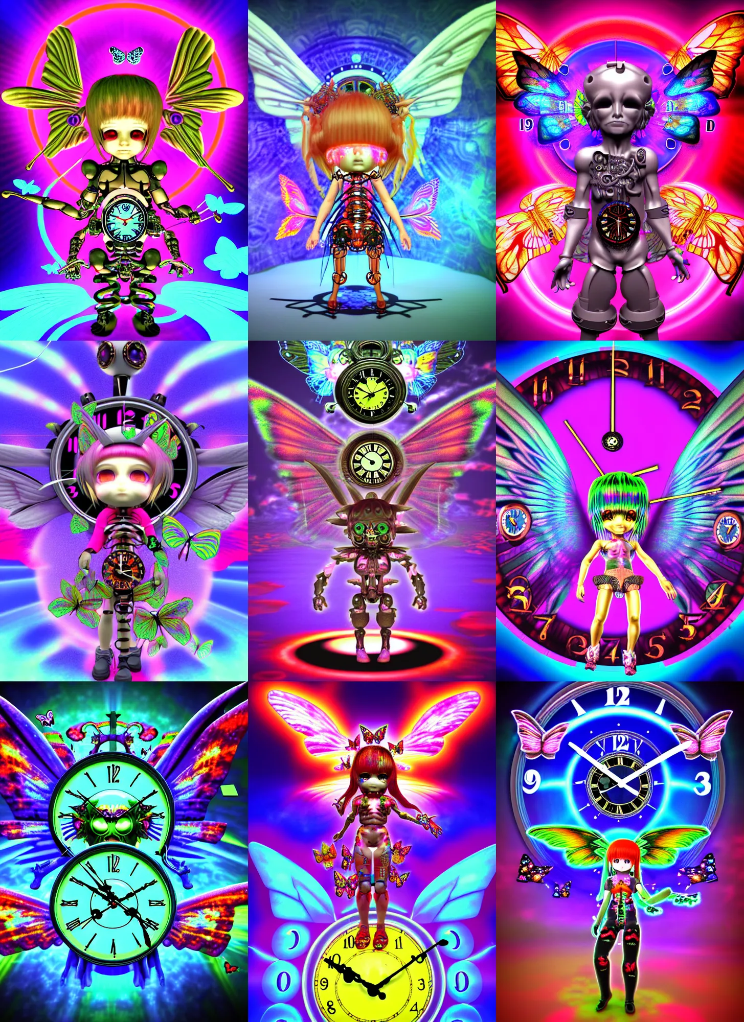 Prompt: 3 d render of chibi clock cyborg demon with angel wings against a psychedelic surreal background with 3 d butterflies and 3 d flowers n the style of 1 9 9 0's cg graphics lsd dream emulator psx graphics 3 d rendered y 2 k aesthetic by ichiro tanida, 3 do magazine, wide shot