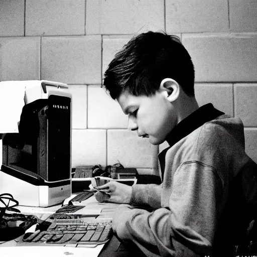 Image similar to spiderman sat at a desk playing games on a computer, 3 5 mm film photograph