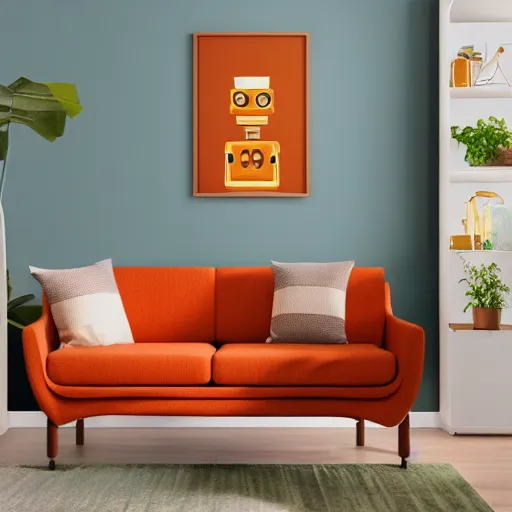 Image similar to photo of a robot maid in a mid century modern living room, burnt orange, olive green, earth tones, retro future, marcelline stoyke, eric joyner