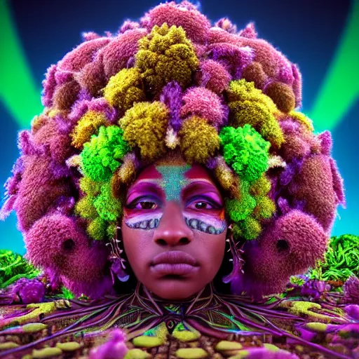 Image similar to an african marijuanna shaman with an afro made of flowers, third eye art art by machina infinitum, complexity from simplicity, rendered in octane, mandelbulb 3 d, ambient occlusion, macro photography, felt!!! texture, tribal, neon! retrowave