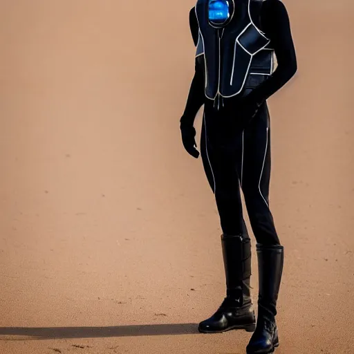 Image similar to medium face shot of adult Austin Butler with exposed head, dressed in black-prussian blue futuristic-tudoresque clothing with embroidered-Ram-emblem, and nanocarbon-vest, in an arena in Dune 2021, XF IQ4, f/1.4, ISO 200, 1/160s, 8K