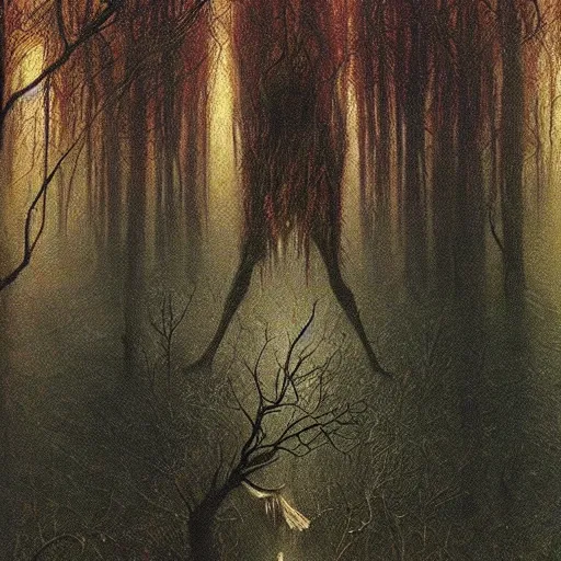 Image similar to forest spirit walking in swamp, highly detailed beksinski monster art