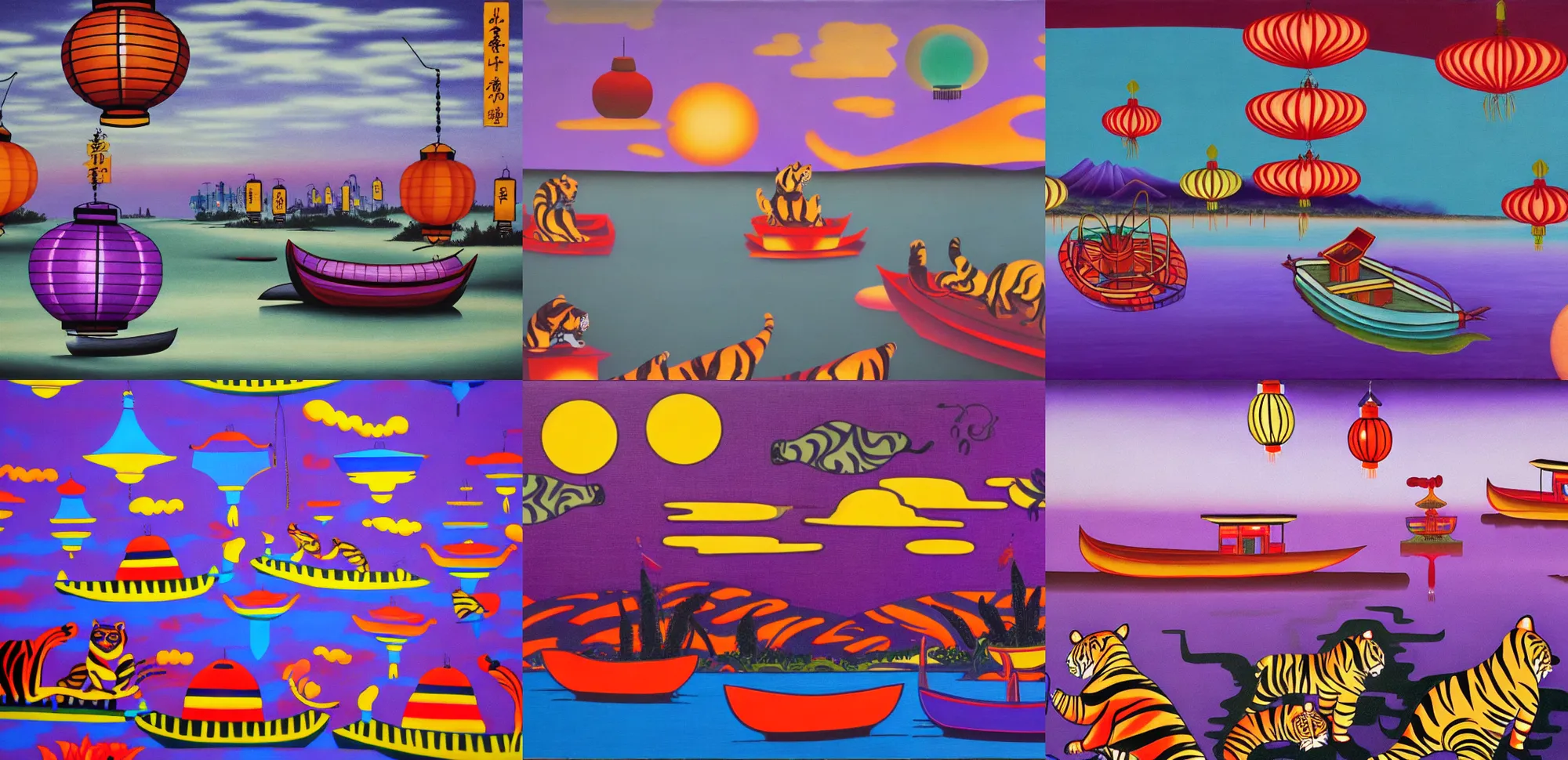 Prompt: absurdist acrylic tigers retro boats on river hills in background asian lanterns purple and red hues, surrealism, ornate, oriental