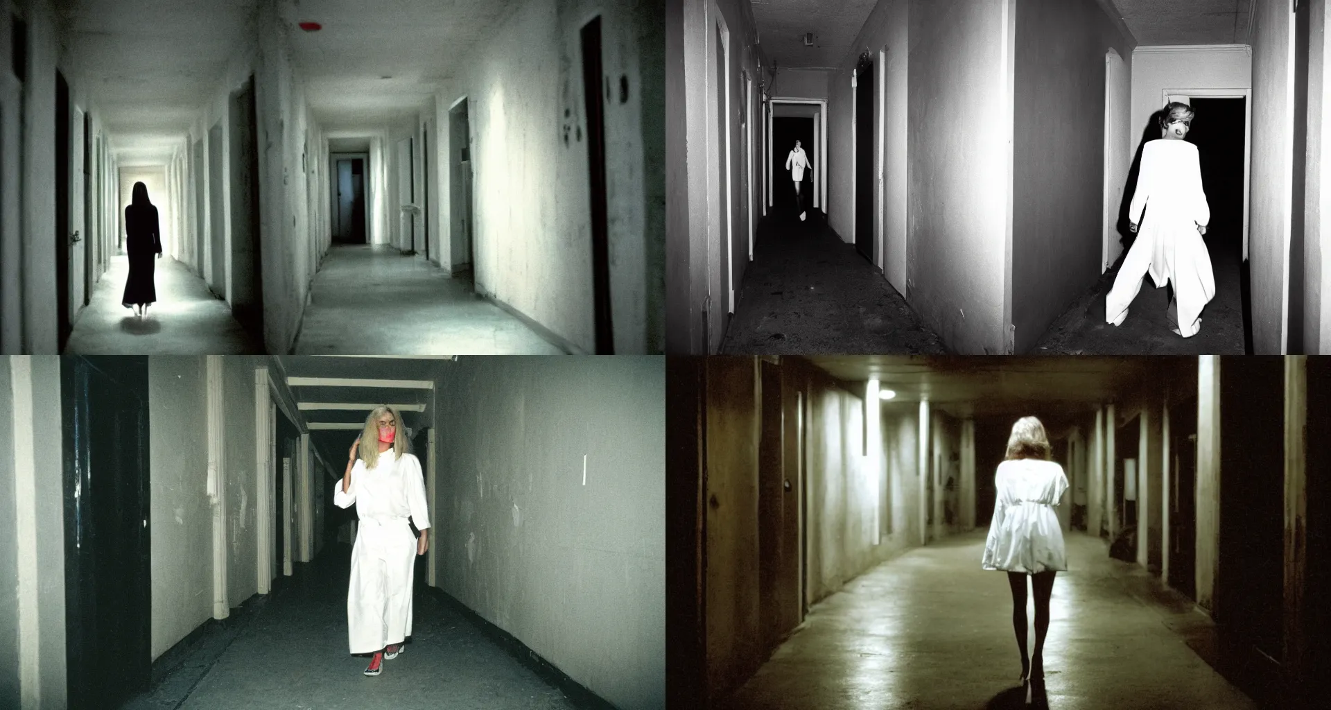 Prompt: 90's professional color photograph, A beautiful woman in white is walking on dark scary hallway at midnight, Close up, Front view, horror