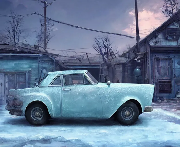 Image similar to an ice sculpture of a vintage car from fallout 4, digital art by studio ghibli and greg rutkowski, beautiful, cold environment, hyperrealism artstyle, amazing lighting