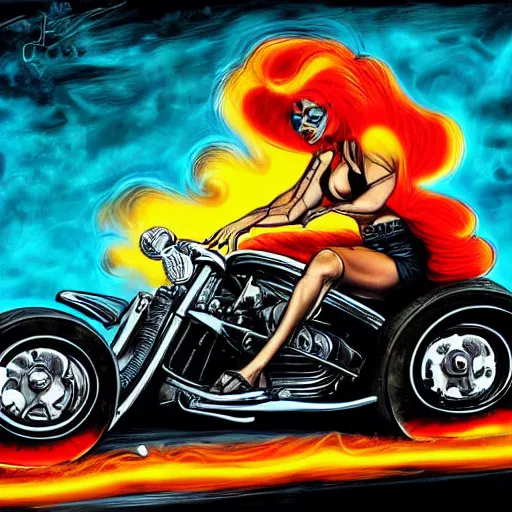 Prompt: a biker chick riding a hotrod muscle car down a street made of fire, digital painting masterpiece, by ed roth and denys cowan and rockin jellybean