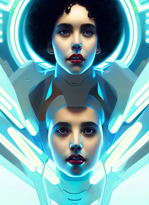 Image similar to symmetry portrait of poly styrene, sci - fi, tech wear, glowing lights intricate, elegant, highly detailed, digital painting, artstation, concept art, smooth, sharp focus, illustration, art by artgerm and greg rutkowski and alphonse mucha