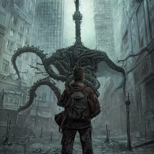 Prompt: a boy in apocalyptic zombie city, lovecraftian horror!, surrealism, fantasy, intricate, elegant, highly detailed, digital painting, realistic shading, cinematic composition, hdr, photorealistic, 3 5 mm film, concept art, artstation, matte, sharp focus, illustration, art by greg rutkowski and kadinski