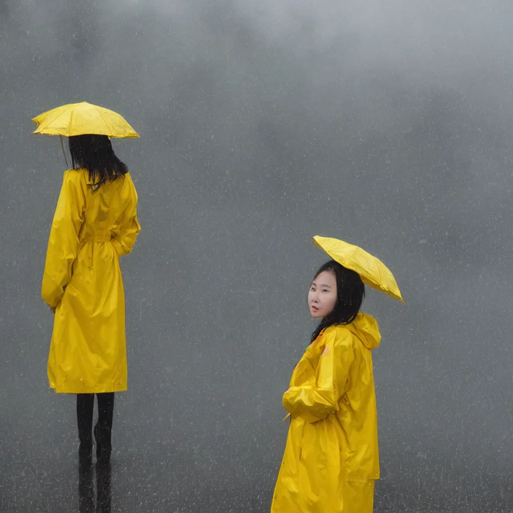 Image similar to of a Chinese girl in yellow rain coat.