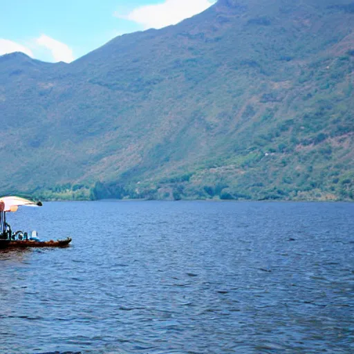 Prompt: The Loch Ness Monster in Atitlan lake