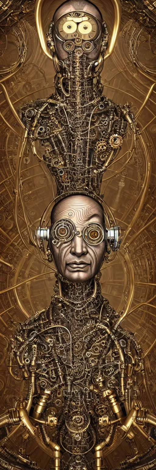 Image similar to seamless pattern of steampunk cybernetic biomechanical gandhi, symmetrical, front facing, 3 d model, very coherent symmetrical artwork, unreal engine realistic render, 8 k, micro detail, gold and steel intricate, elegant, highly detailed, digital painting, artstation, smooth, sharp focus, illustration, artgerm, tomasz alen kopera, wlop