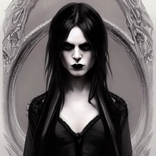 Image similar to perfectly - centered - portrait - photograph of evil gothic emo vampire, the perfect human female specimen, intricate, elegant, super highly detailed, professional digital painting, artstation, concept art, smooth, sharp focus, no blur, no dof, extreme illustration, unreal engine 5, 8 k, art by artgerm and greg rutkowski and alphonse mucha loish and wlop