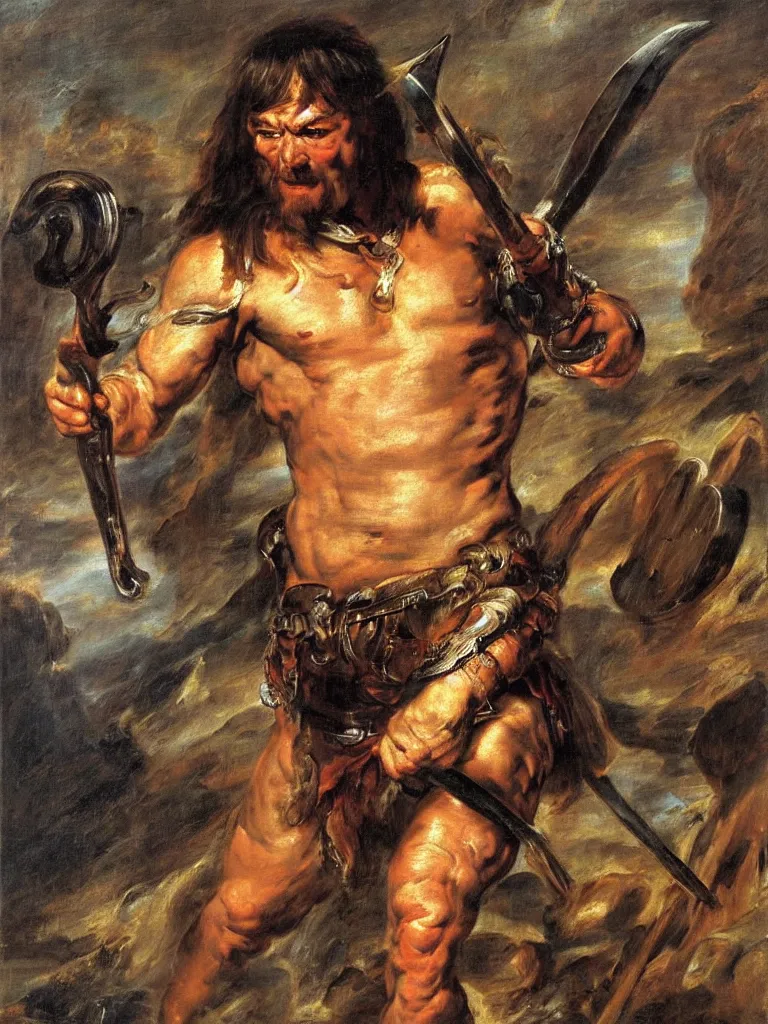 Prompt: a full figure portrait of Conan the barbarian holding a sword, oil painting by Peter Paul Rubens, hd, sharp focus,