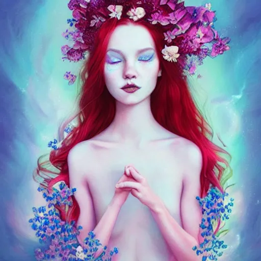 Prompt: aesthetic! angelic! redhead portrait by Anna Dittmann and Harumi Hironaka and Filip Hodas, flowers, magical, artsy