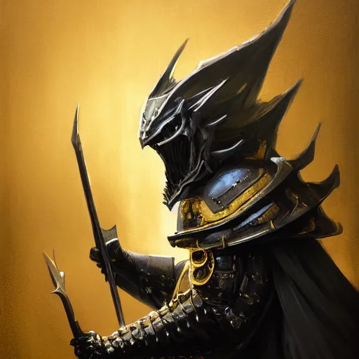 Image similar to anthropomorphic dragon warrior stands tall wearing black and gold plate armor, oil painting, Tooth Wu, Greg Rutkowski, RPG, dynamic lighting, fantasy art, High contrast, depth of field