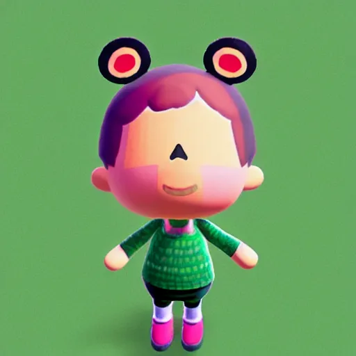 Prompt: animal crossing character with a round pink head, a green mohawk, green eyebrows and a long red pointy nose