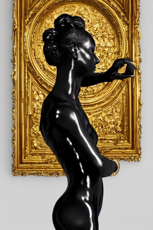 Image similar to hyperdetailed masterpiece portrait of a glossy black marble statue of a ballerina covered in gold metallic liquid in the style of virgil abloh, offwhite, heron prestorn, denoise, vogue, paris, fashion, louvre museum, highly detailed, realistic, hyperreal, 8 k, 4 k, render