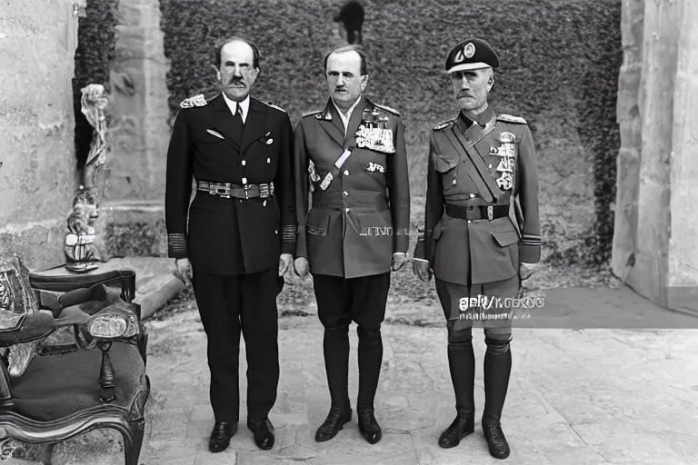 Prompt: portrait of juan carlos i with general franco, general, army, 1 9 3 7, spain, jose maria diaz casariego, bartolome ros, juan jose serrano, leica