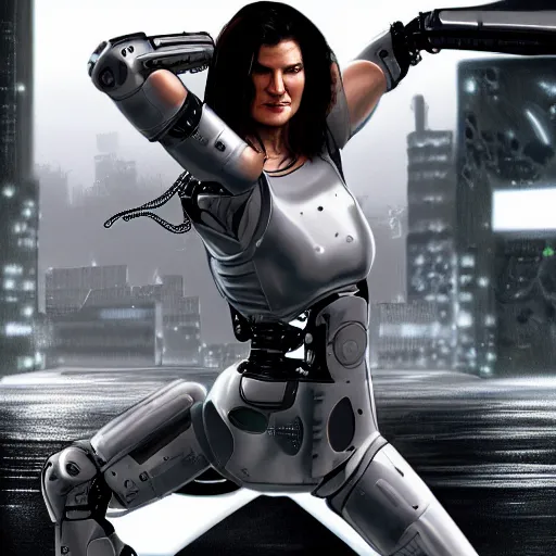 Image similar to beautiful digital painting of gina carano with one robotic cybernetic metallic grey arm, fighting pose, cyberpunk, highly detailed, hyperrealism, concept art, 8 k