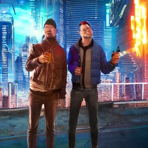 Prompt: two men toast to the end of the world in a cyberpunk city, realistic, high definition, 4K, shimmering color, art of invincible