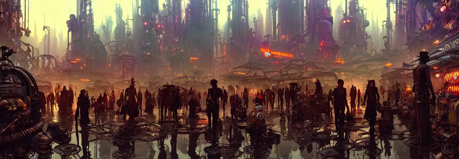 Image similar to steampunk cyberpunk city in a swamp, busy market, godrays, cinematic, poster art by james gurney, weta studio, lucasfilm jesper ejsing, norman rockwell, mucha, ilya kuvshinov, greg rutkowski frank frazzeta on artstation