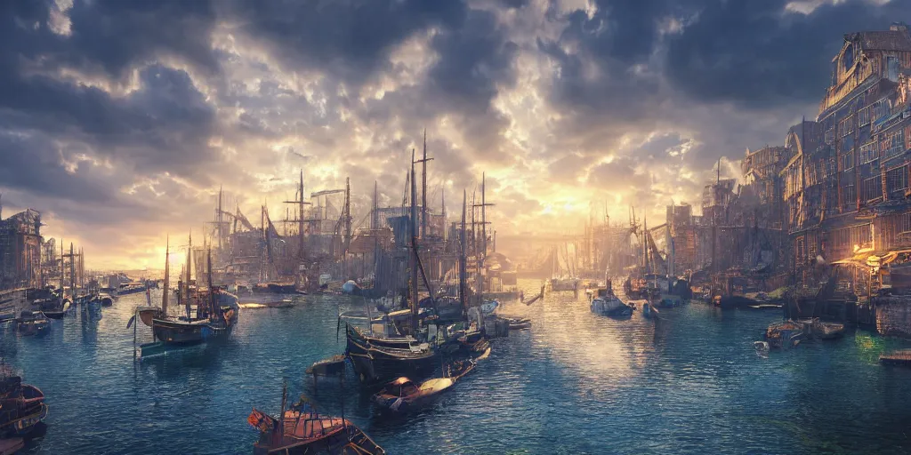 Image similar to beautiful seventeenth century harbour city, vivid colors, gorgeous clouds, god rays, digital art, landscape, fantasy art, octane render, ureal engine, high detail, very realistic, by derek riggs \