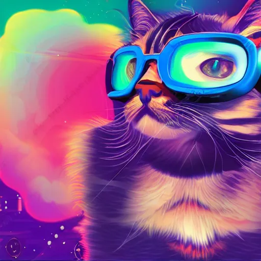 Image similar to cat wearing vr goggles, vaporwave poster illustration, artstation trending