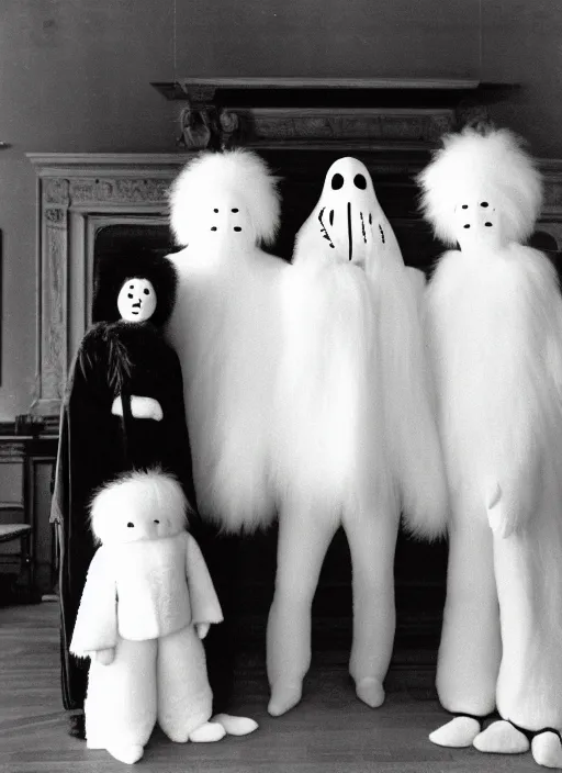 Image similar to realistic photo of the family wearing fluffy hairy masks, faceless, no face, white fluffy cotton shorts, white fluffy cloak, polished and fancy, standing in the wooden room full of wooden bird idol sculptures 1 9 9 0, life magazine reportage photo