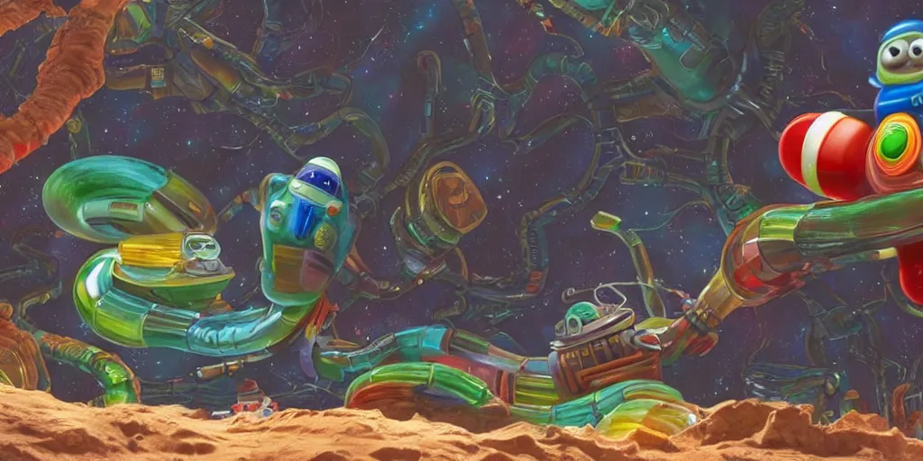 Image similar to a 3 d rendered movie still a gummi worm descendant 1 million years from now. gummi worm wears a spacesuit, and explores cosmos in a super awesome space ship. science fiction blockbuster movie gummi worms rule the world or my stepmom is a gummie worm from space, imax 7 0 mm. bladerunner, silent running, wall - e